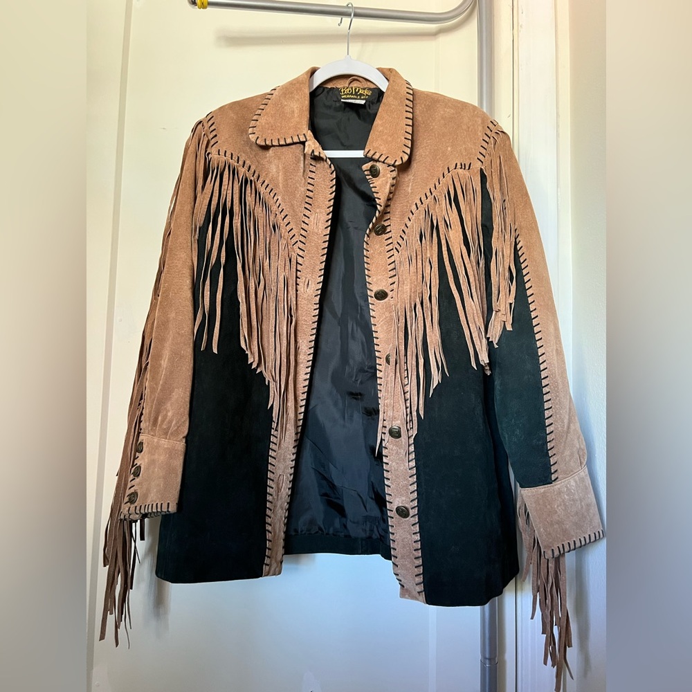 Bob Mackie Tan and Black Leather Jacket with Fringe